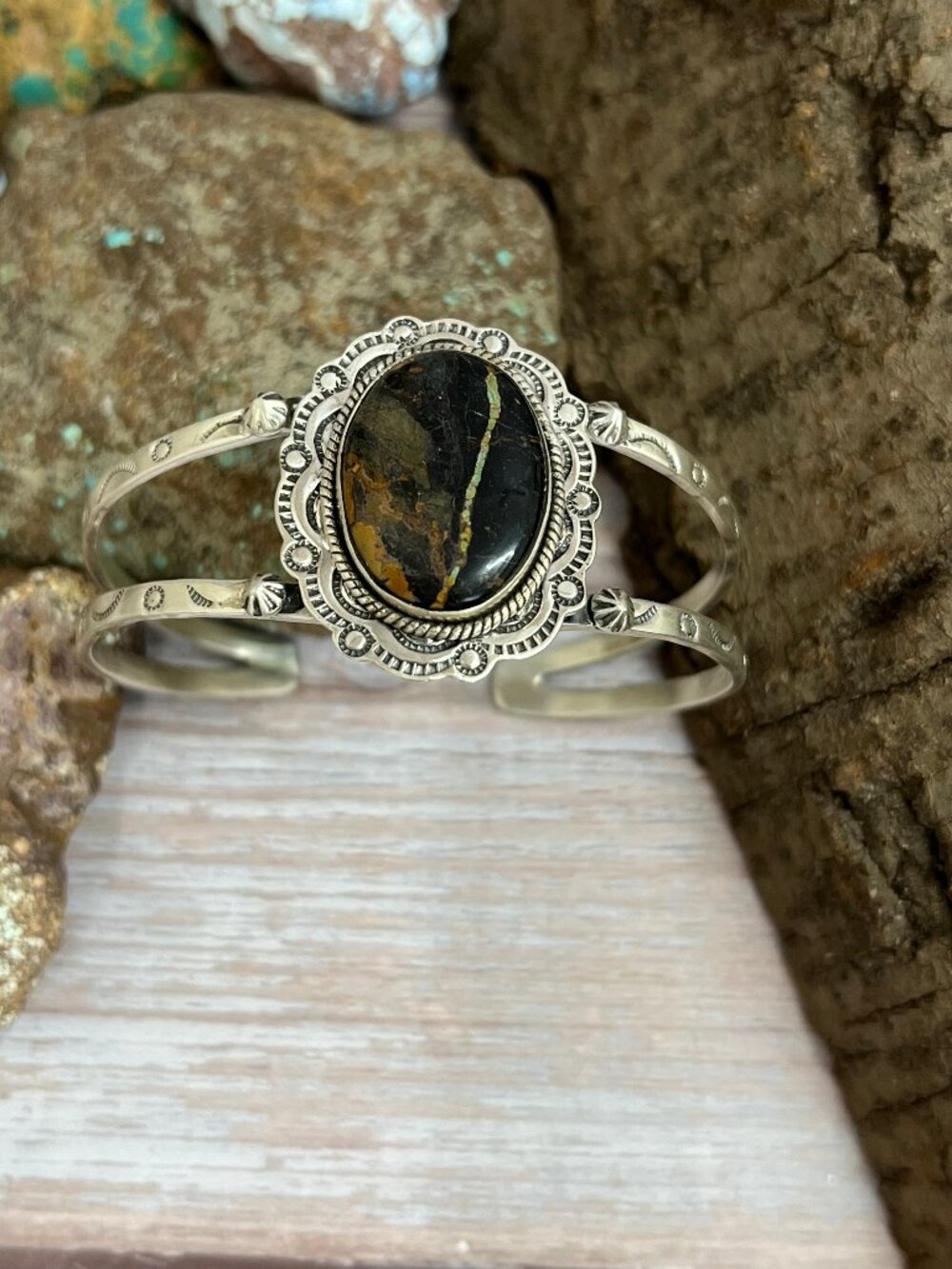 Handmade Sterling Silver Black Jack Cuff Bracelet with Signed Nizhoni